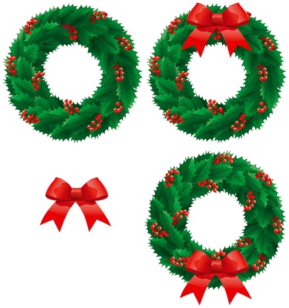 Christmas holly wreath. Vector set of christmas decoration - holly wreath with berries and bow isolated on white background.のイラスト素材