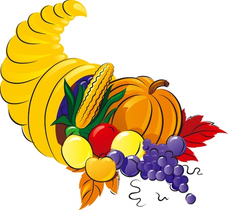Horn of Plenty. Vector illustration of Cornucopia with fruit, grape  and vegetable. のイラスト素材