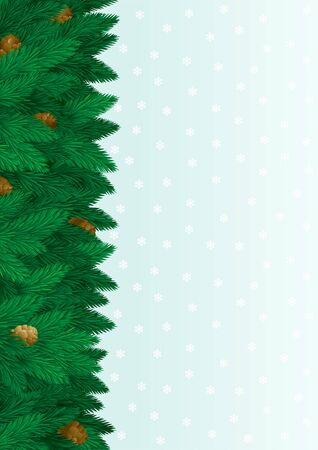 Christmas tree background. card of christmas fir tree,  cone, snowflakes with copy space for text.のイラスト素材