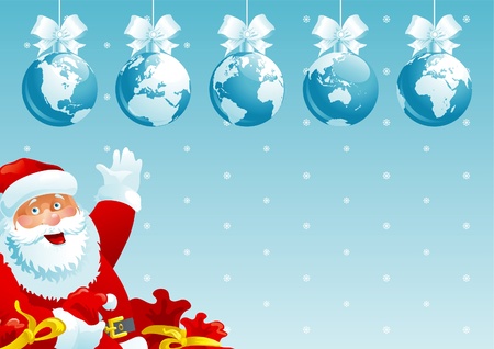 Merry Christmas, all world! Vector illustration of  baubles with globes and Santa Claus with gift bags.のイラスト素材
