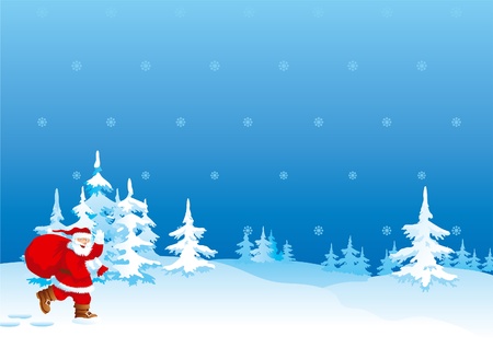 Santa Claus hurries for Merry Christmas. Santa Claus with red gift bag goes through winter forestのイラスト素材