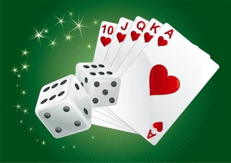 Casino background. Casino dices and  cards on green rays background. There are no meshes in this image. のイラスト素材