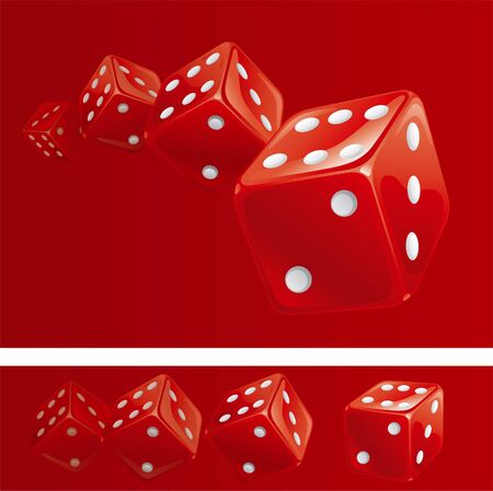 Red dices. Vector red background and banner of red casino dices in different sides.  There are no meshes in this image. のイラスト素材