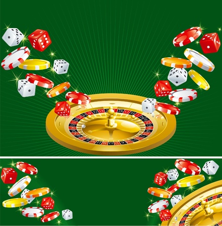 Two casino backgrounds. Wallpapers and banner of casino dices, chips and roulette  on green background.のイラスト素材