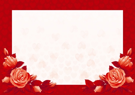 Valentines card/ Vector border with  many red roses and hearts on abstract background. のイラスト素材