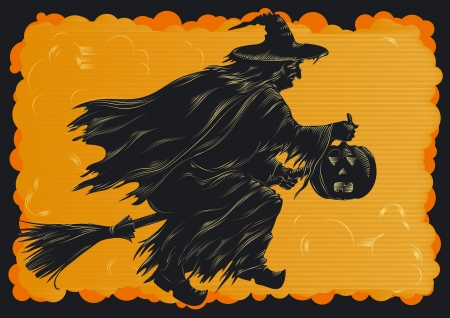 Happy Halloween  Witch flying on broom at engraving style のイラスト素材