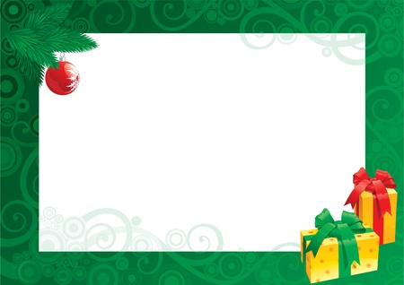 Christmas card with empty blank for text christmas card of christmas baubles, gift boxes and  on green  abstract background のイラスト素材