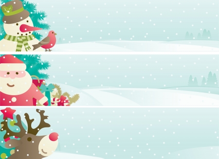Set of christmas banner  Vector banners with Santa Claus, snowman, Red-Nosed Reindee, branches of fir tree and christmas decoration  on winter snow landscape のイラスト素材