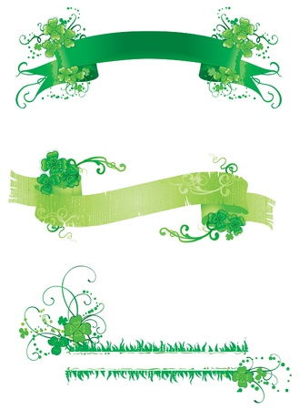 Three banners with green clover  Set of vintage banners with floral ornament of clover  のイラスト素材