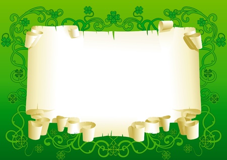 Blank of old paper for St  Patrick s Day  Old paper with leaves of clover and ornate elements on green background  のイラスト素材