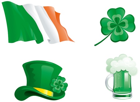 Set icons for St  Patrick s Day  green hat, beer, clover, and ireland flag  のイラスト素材