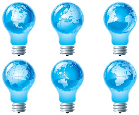 Globe and electric bulb  Set of vector illustrations of the electric  bulbs with six kind of globe isolated on white backgroundのイラスト素材
