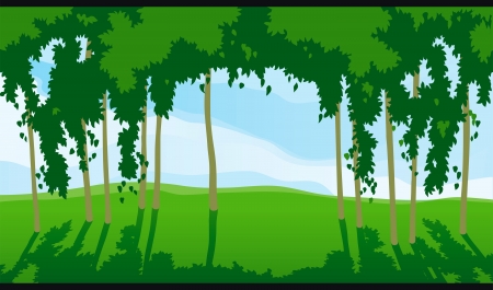 Sunny day in forest  Horizontal landscape with green trees and blue cloudy skyのイラスト素材