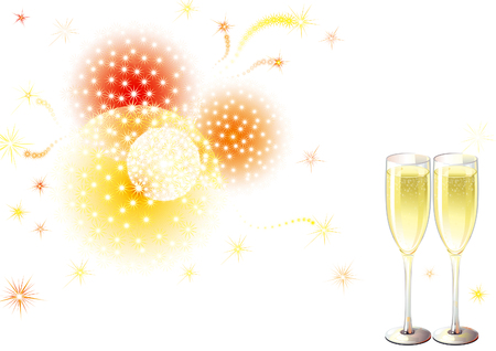  1056;oliday fireworks  Vector holiday background with two Champagne Flutes, many stars and fireworks on white backgroundのイラスト素材