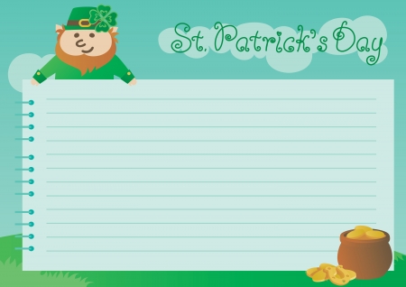 Background for St  Patrick s Day  Vector  of page from spiral notebook, leprechaun, pot with gold coins on green spring  landscape  のイラスト素材