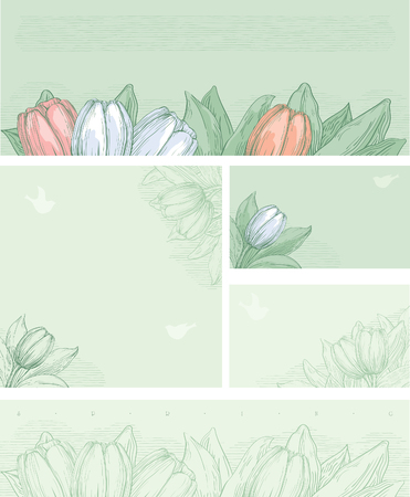 Spring floral backgrounds  Spring  tulips on green backgrounds with places for text at  color engraving style のイラスト素材