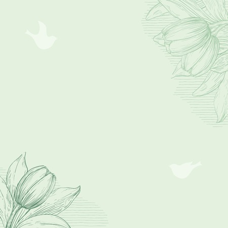 Spring floral background  Spring  tulips on green background with places for text at  color engraving style のイラスト素材