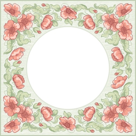 Poppy border floral background with poppy flowers and leaves  at  color engraving style のイラスト素材