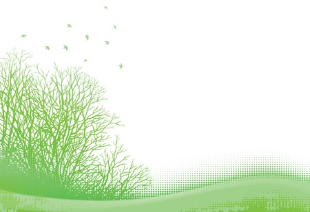 Grunge spring landscape  Silhouette of bare tree and birds on grunge background のイラスト素材