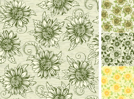 Vintage floral backgrounds. Vector ornate seamless  patterns with Sunflowers at engraving styleのイラスト素材