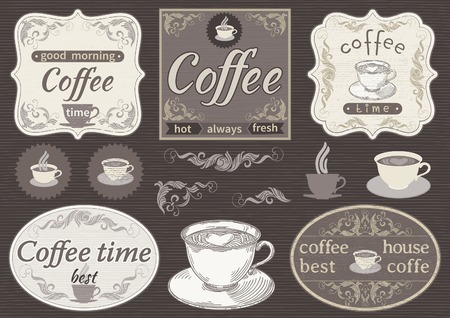 Vintage labels  - coffee time. Vector borders with text and pictures about coffee at retro style.のイラスト素材