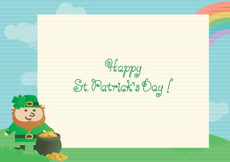 Happy St. Patrick day! Vector  of page from spiral notebook, leprechaun, pot with gold coins on green spring  landscape.のイラスト素材