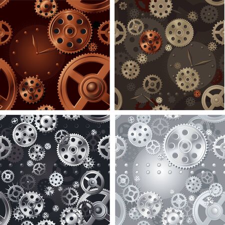 Pinions and clock. Four vector seamless background of pattern with  pinions and clock.  File includes high res jpg, eps 8.のイラスト素材