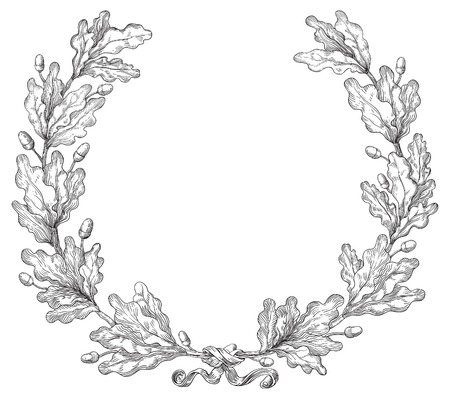 Oak wreath. Vector Decorative element with oak branches at engraving style.のイラスト素材