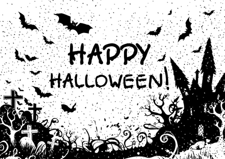 Greeting card for Happy Halloween! Tree, castle, grave stone and many flying bats on abstract background.のイラスト素材