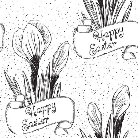 Spring background. Happy Easter! Vector ornate seamless  patterns of crocus at retro engraving style.のイラスト素材