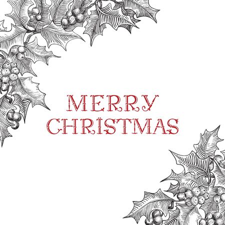 Vintage Merry Christmas greeting card. Vector background with lettering hand drawn text and holly Christmas decoration at retro hand drawn style.のイラスト素材