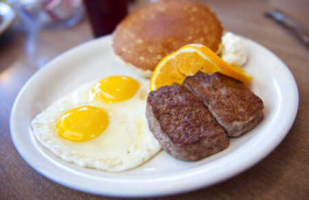 Eggs, Patty and pancakes breakfastの写真素材