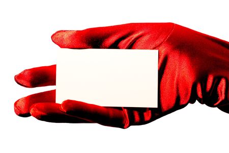 High contrast sparkling red satin glove holding your business card, credit card, rewards card, coupon, note etc. の写真素材