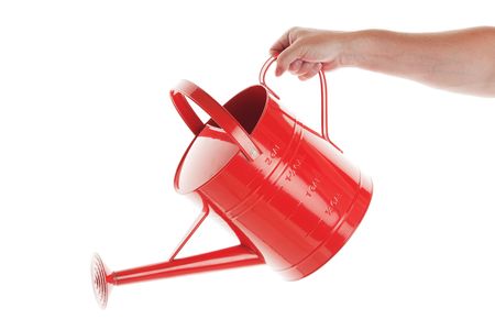 A man's hand with red watering can on white background.の写真素材