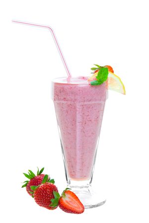 An ice cold strawberry smoothie with strawberries, lemon, and a sprig of mint for garnish.  Shot on white background.の写真素材