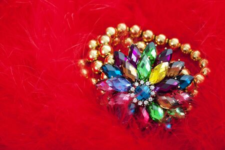 Shiny, vintage bracelet on a feathered red background の写真素材