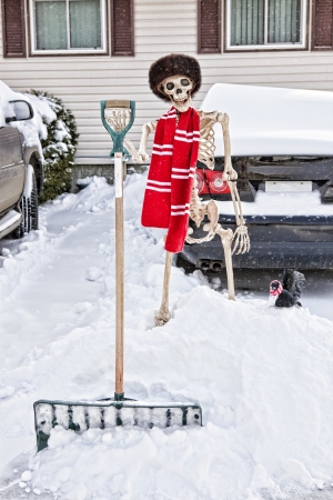 A Canadian Skeleton shoveling his car out of the snow.の写真素材