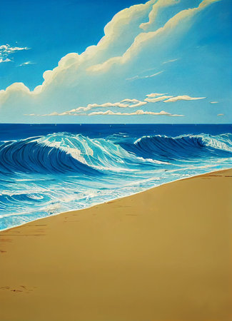 Large waves crash on a sandy, deserted beach.  Illustrated background.の写真素材