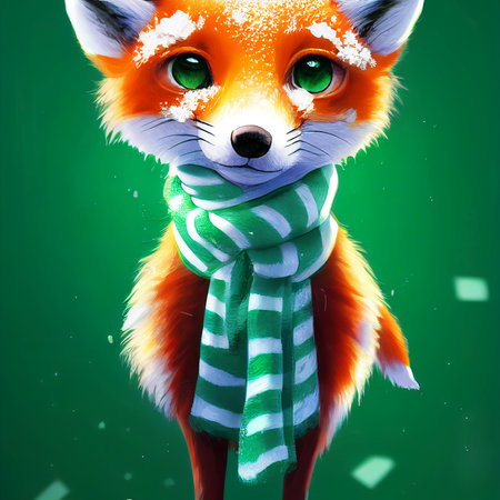 A red fox wearing a cozy, green and white striped scarf, on a snowy day.の写真素材