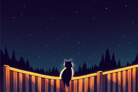 A black cat, sitting on a fence, about to start his nightly song.の写真素材