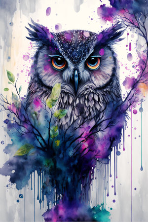 Painterly owl in an abstract watercolor style.  Illustration.の写真素材