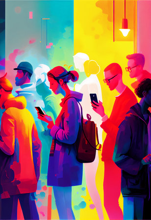 People constantly communicating on their phones, yet they stand together as silent strangers, in a...