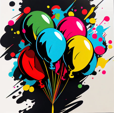 Balloons and bright splashy drops of color add partytime excitement.  Abstract pop art illustration.の写真素材