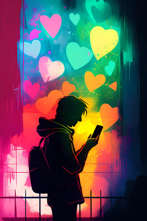<p>A man checking his online dating app. Illustration in neon watercolor.</p>の写真素材