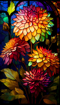 A beautiful stained glass window featuring dahlias in a kaleidoscope of colors.  Illustration.の写真素材