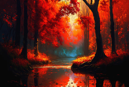 Autumn landscape of a creek winding through a thick forest of reds, oranges, & yellows.  Painting style illustration created with the help of Generative AI Technology.の素材