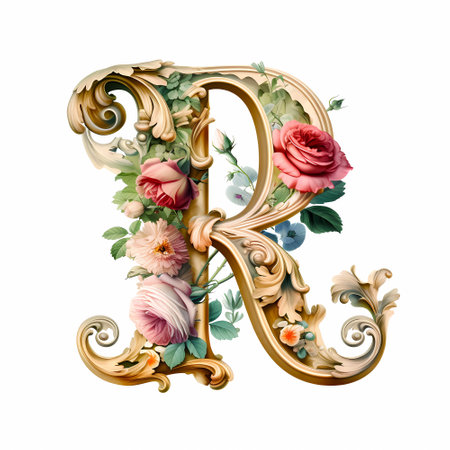 Beautiful Initial R, in rococo style, intertwinned with climbing roses.  Illustration.の素材