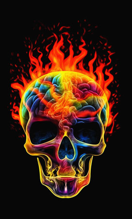 Cerebral brain storm cumulating into colored smoke and flame.  Illustration.の素材