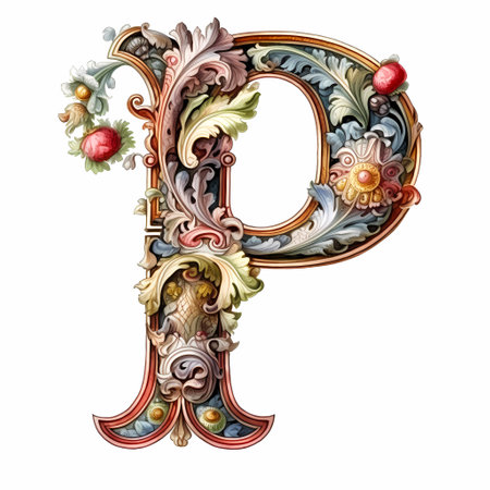 Beautiful Initial P, in a rococo style,with colorful flowers and filigree.  Illustration.の素材