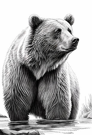 A big grizzly bear standing in the river.  Black & white ink illustation.の素材